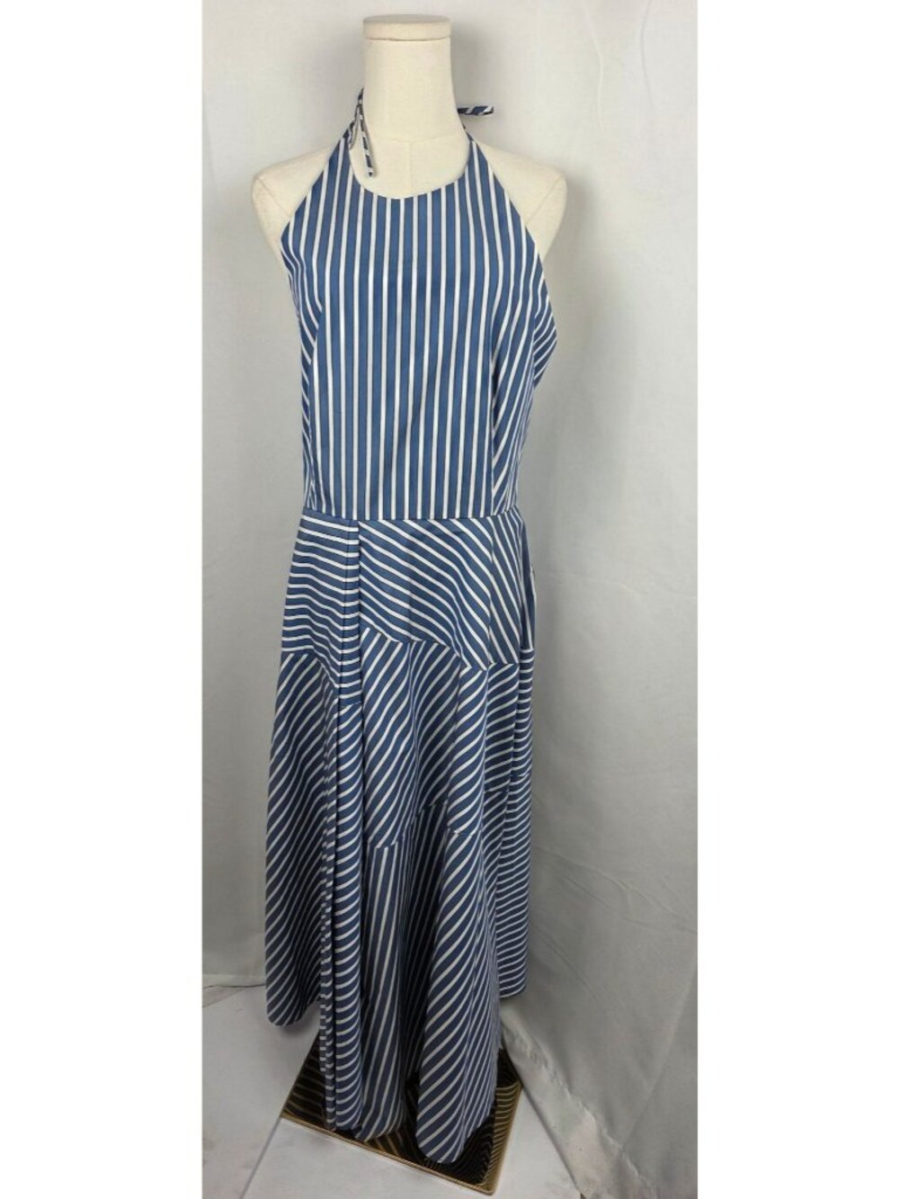 Lafayette 148 New York Blue White Striped Cotton Halter Dress Sz 8 Midi Pleated - Picture 4 of 15